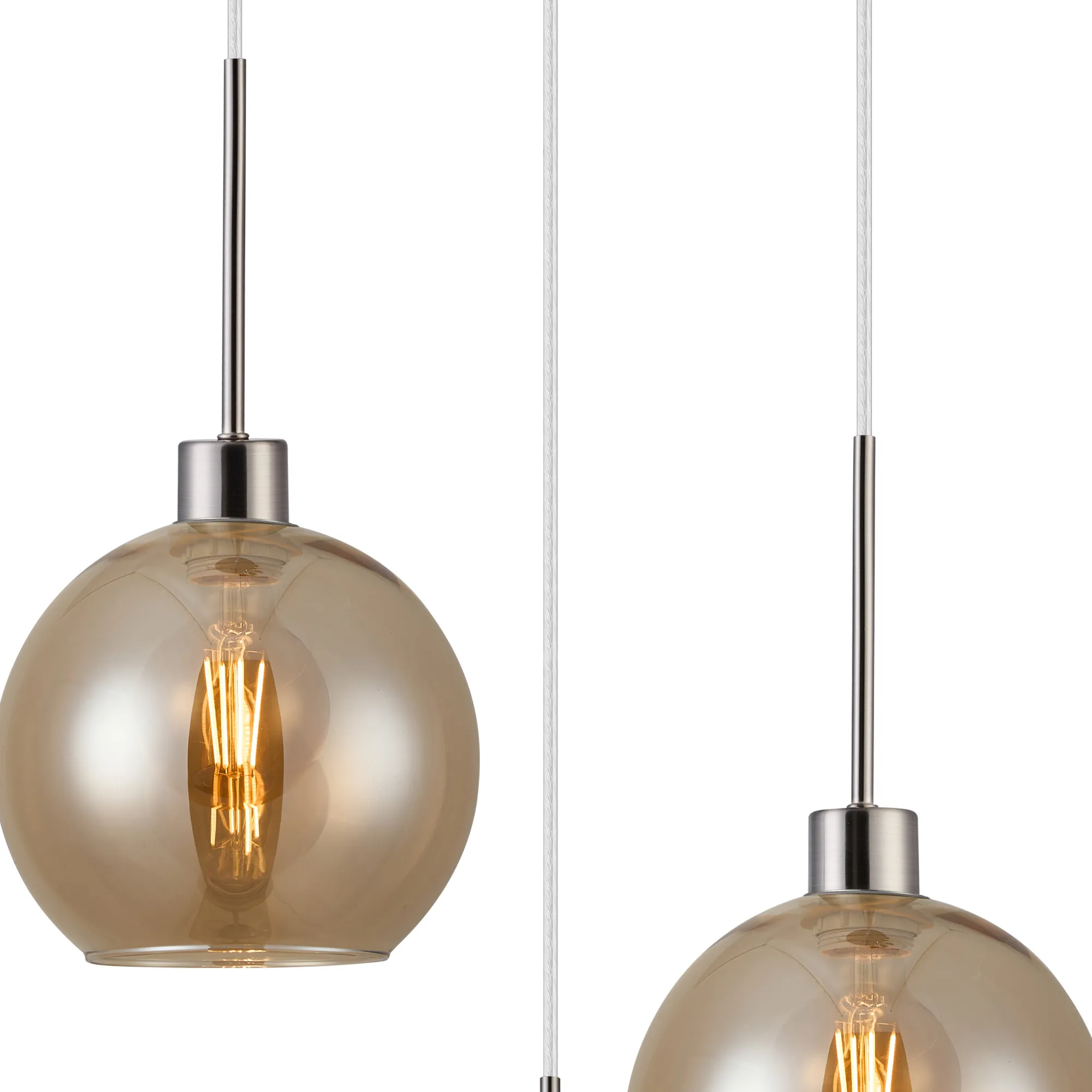 Lori 40cm Round Pendant, 3 Light Adjustable E27, Satin Nickel/Amber Open Mouth Round Globe Shades DK1365  Deco Lori Satin Nickel